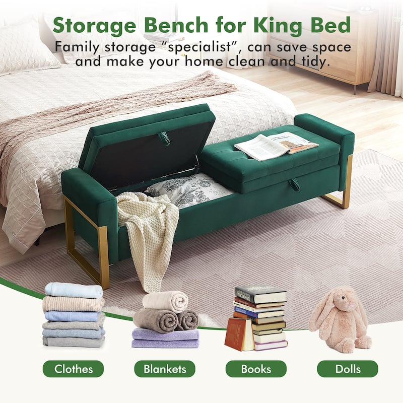 66" Storage Bench King Size End of Bed with Double Lids and Gold Legs
