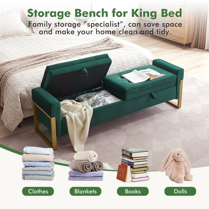 66" Storage Bench for Bedroom End of Bed with Double Lids and Gold Legs