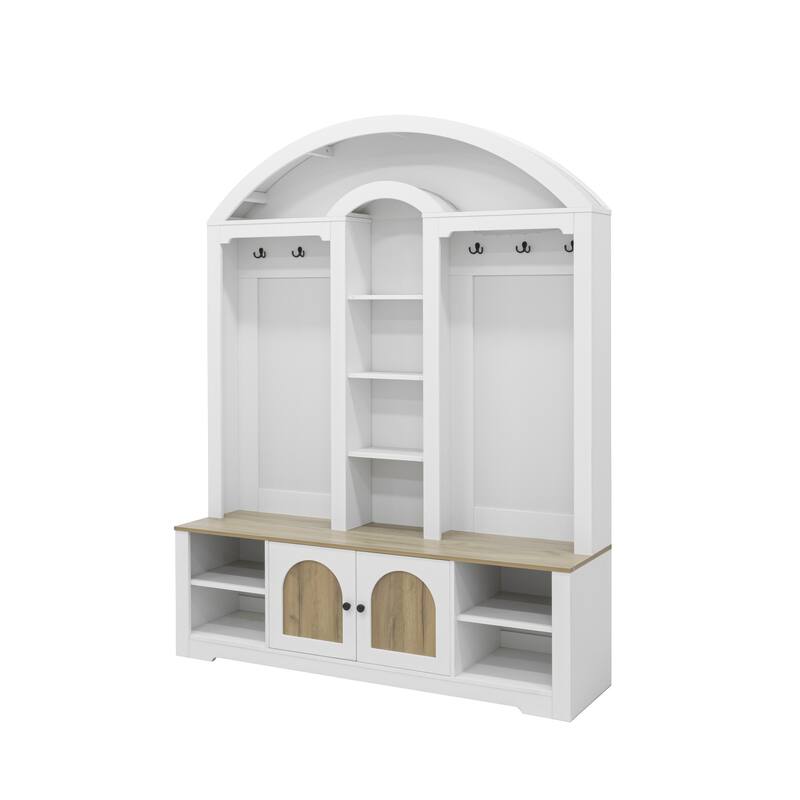 Modern Hall Tree, Multi-Functional Wardrobe with Shoe Rack & Hooks - Sturdy MDF Entryway Closet Organizer