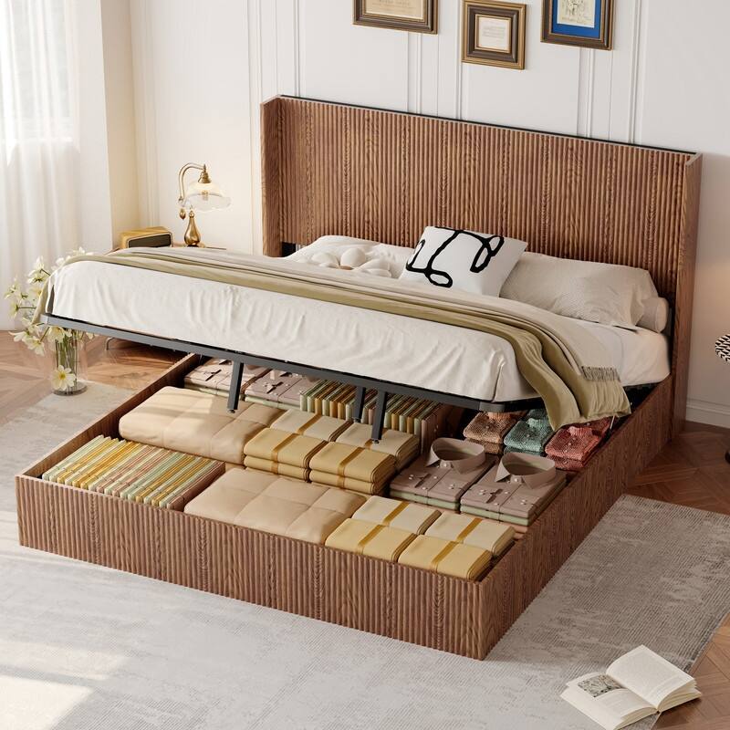 Large Grooved Undulating Lift Storage Bed Frame, Platform Bed Frame with Lift Storage Storage Bed
