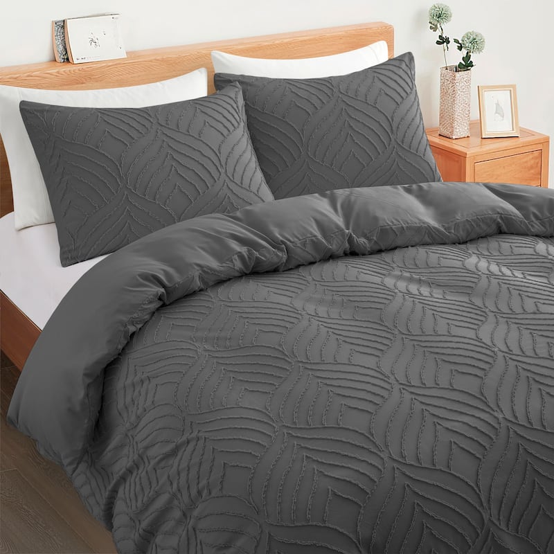 Clipped Jacquard Geometric Duvet Cover & Pillowcase Set - Dark Gray/Leaf - Queen/Full
