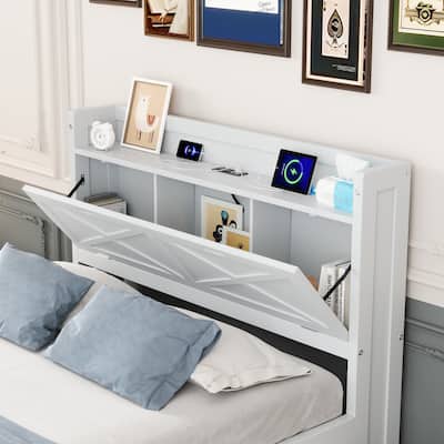 Full Size Wooden Bed w/ Storage Headboard w/ Outlets, Extendable Bed with Twin Size Trundle w/ Three Storage Drawers,White