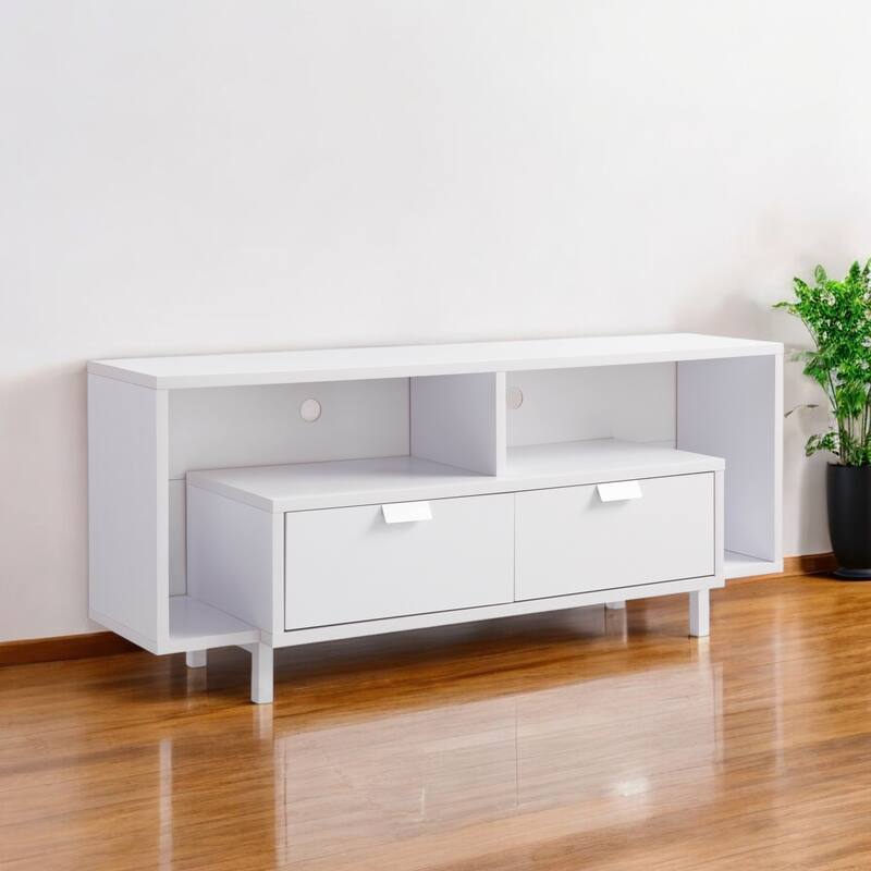 HomeRoots 60" White Wood Enclosed and Open Storage TV Stand - 60.00 in. x 25.00 in. x 15.50 in. - White - 60.00 in. x 25.00 in. x 15.50 in.