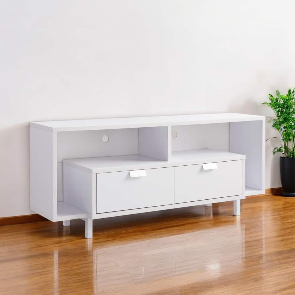 HomeRoots 60" White Wood Enclosed and Open Storage TV Stand - 60.00 in. x 25.00 in. x 15.50 in.