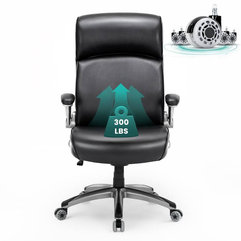 Big & Tall Office Chair 300lbs - Ergonomic High Back with Lumbar Support, Flip-Up Arms & Leather Cushion - Black
