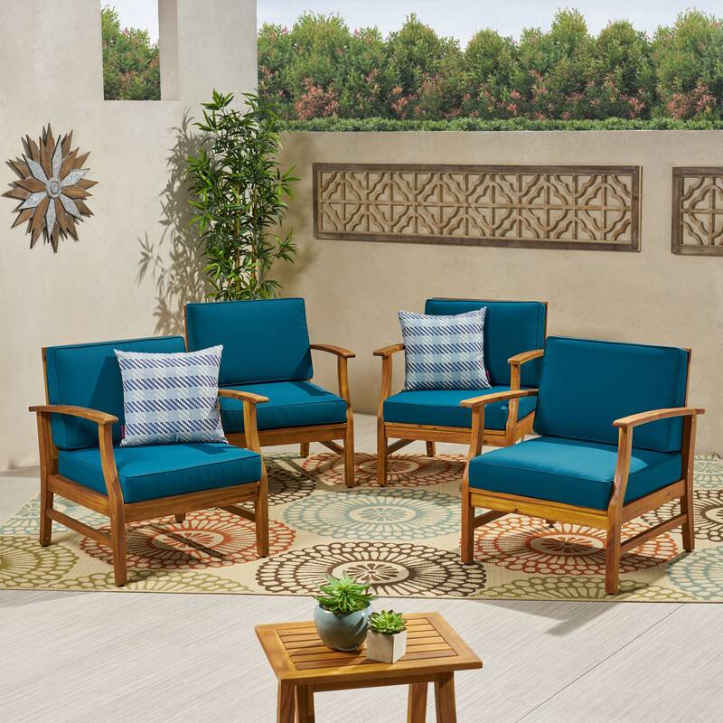 Perla Outdoor Acacia Wood Club Chair with Cushion (Set of 4) by Christopher Knight Home - Blue