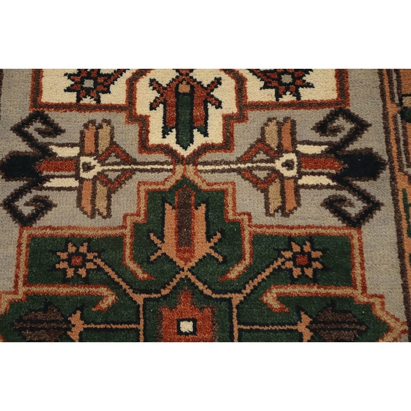 Hand Knotted Oriental 100% Wool Carpet Traditional Geometric Beige & Ivories Kazak Runner Rug - 7' 11'' X 2' 7''