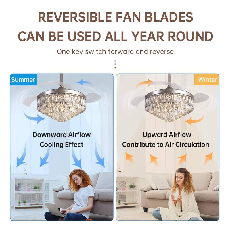 42 inch Reversible Retractable Modern Decorative Silver/white Ceiling Fan With Light and Remote - 42inch