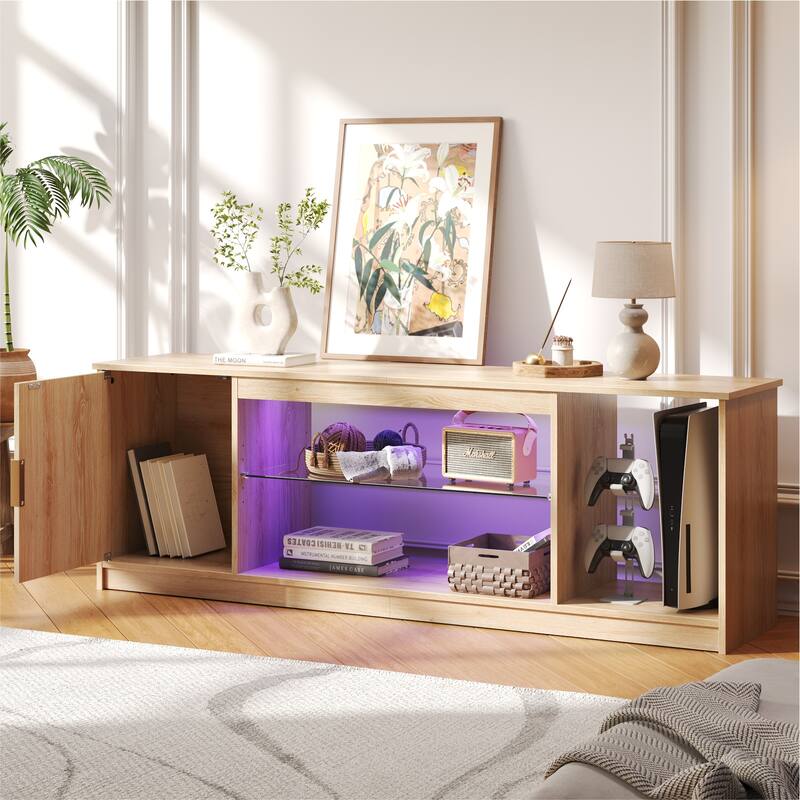 Bestier 57 in. TV Stand Fit TV Up to 65 in., LED Entertainment Center with Cabinet and Adjustable Shelf