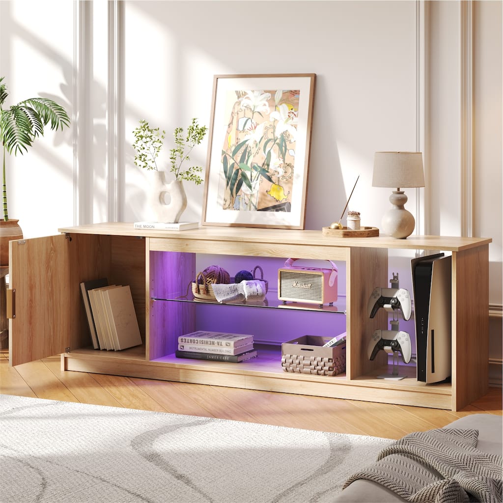 Bestier 57 in. TV Stand Fit TV Up to 65 in., LED Entertainment Center with Cabinet and Adjustable Shelf