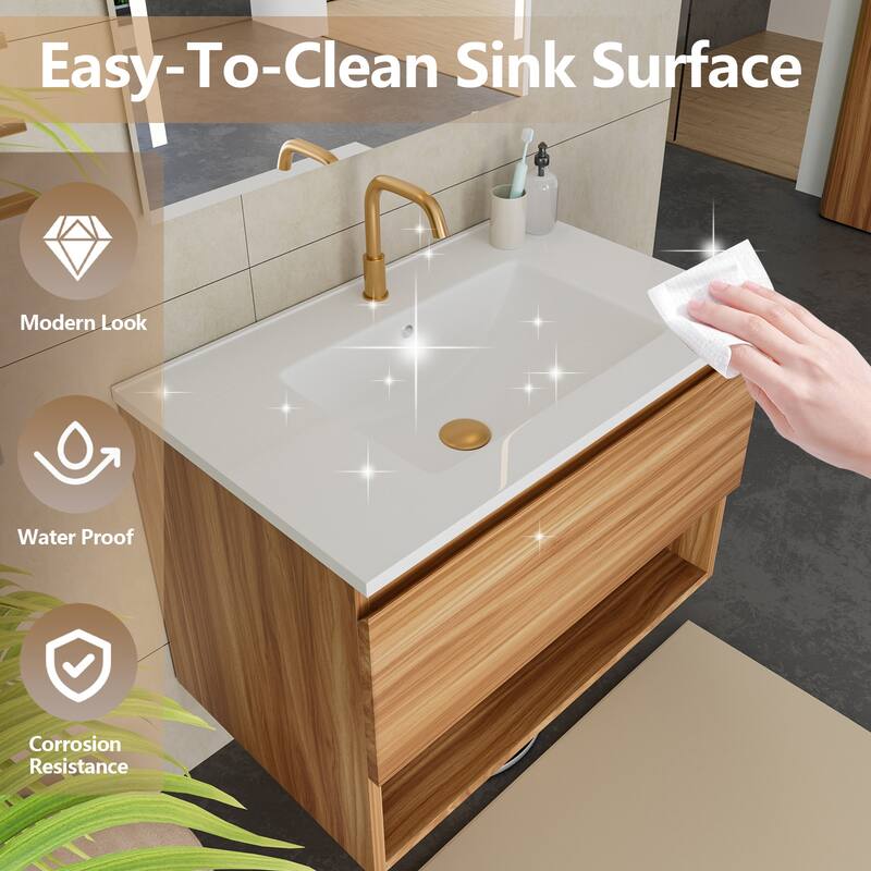 30" Floating Bathroom Vanity with Ceramic Sink - Wall Mounted Fluted Cabinet in Walnut with Drawers, Modern Design