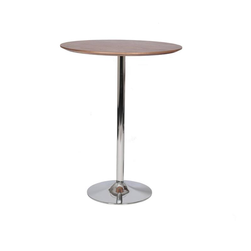 42 Inch High Bar Table, Walnut Brown Round Top, Modern Metal Pedestal Base