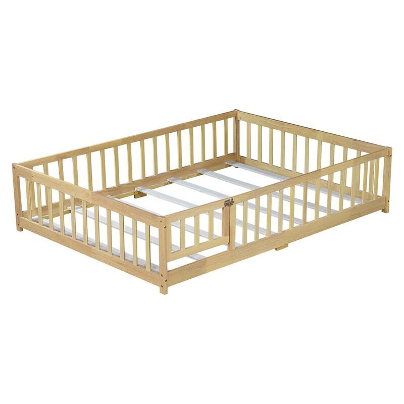 Twin/Full/Queen Size Floor Bed with Fence Guardrails and Door, Rubber Wood Toddler Bed Montessori Bed with Slats Support