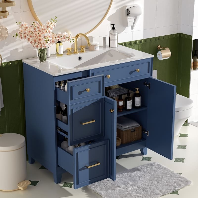 36" Ceramic Sink Bathroom Vanity with Double-Layer Drawer and Storage Cabinet