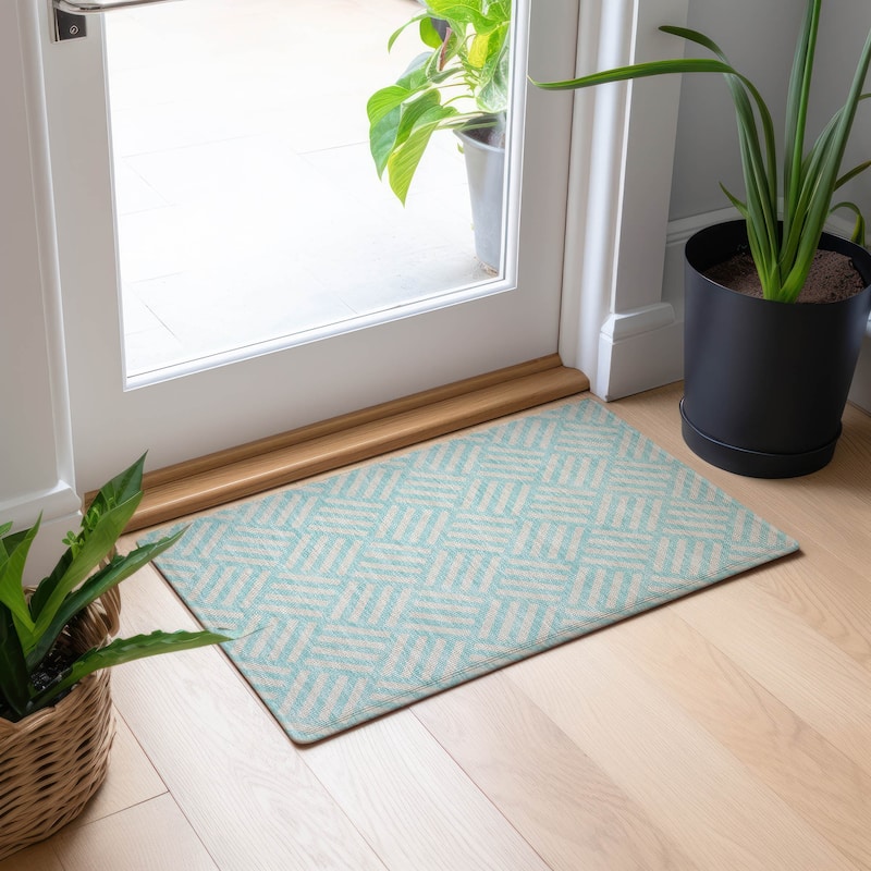 Machine Washable Indoor/ Outdoor Chantille Modern Geo Rug - Aqua - 1'8" x 2'6"