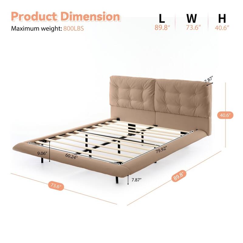 Queen Size Upholstered Floating Platform Bed Frame with LED Lights with Button-tufted Headboard