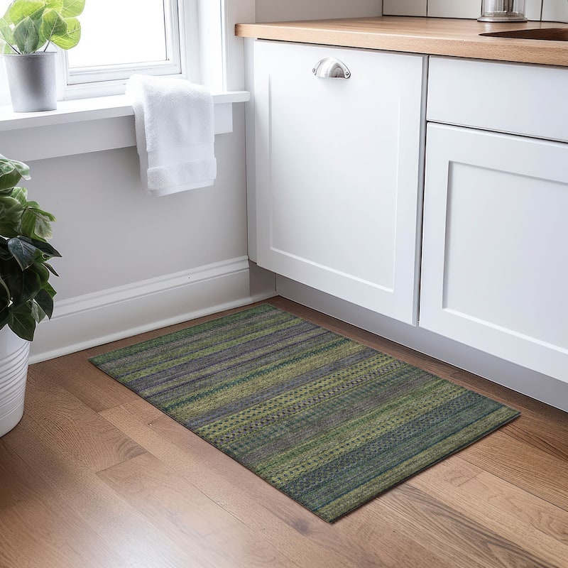 Machine Washable Indoor/ Outdoor Moroccan Stripes Chantille Rug - Olive - 1'8" x 2'6"