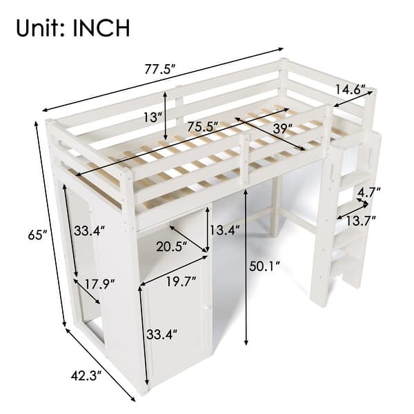 Twin Size Wood Loft Bed with Wardrobe, Storage Shelves and Ladder