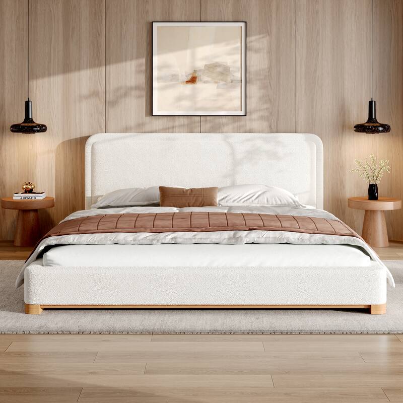 King/Queen Size Bed Frame with Boucle Upholstered Curved Headboard and Solid Wood Platform - King