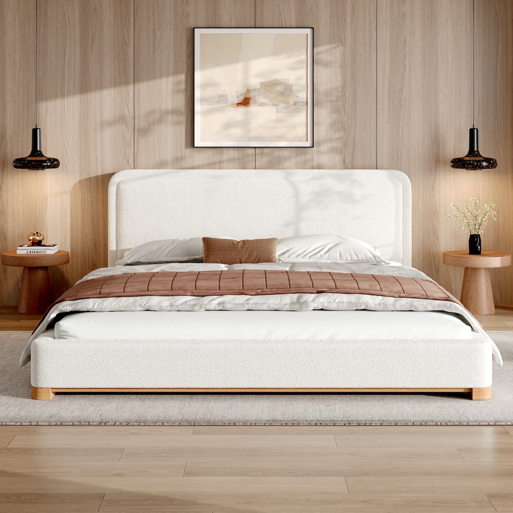 King/Queen Size Bed Frame with Boucle Upholstered Curved Headboard and Solid Wood Platform