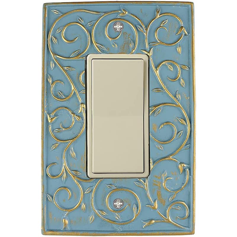 Meriville French Scroll 1 Rocker Wallplate, Single Switch Electrical Cover Plate - Cameo Blue With Gold