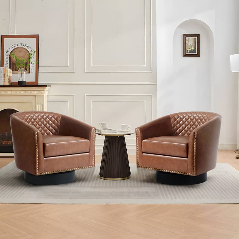 Faux Leather Nailheads Swivel Barrel Chair Set of 2 - Brown