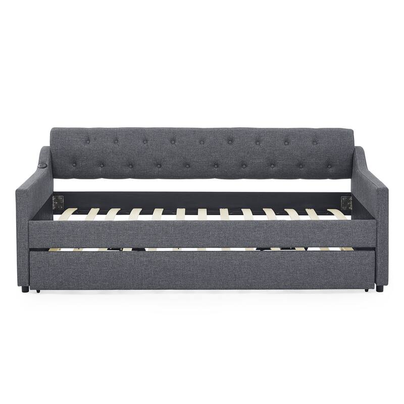 Upholstery Daybed with Erectable Trundle & USB Design