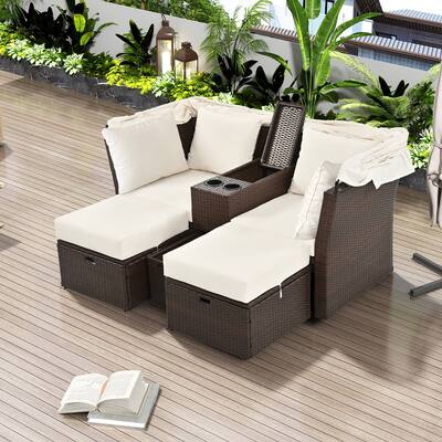 2-Seater Outdoor Patio Daybed Outdoor Double Daybed Outdoor Loveseat Sofa Set with Foldable Awning and Cushions for Garden
