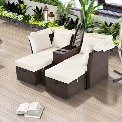 Outdoor Convertible Daybed Loveseat Sofa Set with Canopy & Console