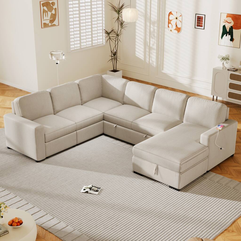 Beige Oversized Corduroy U-Shape 6-Seater Sectional Sofa with Storage Chair