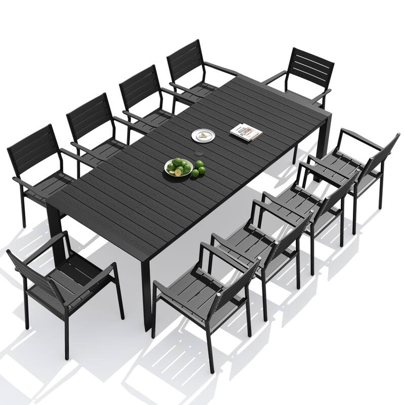 11-Piece Outdoor Patio Dining Set Wood Like Table Top Aluminum Rectangular Umbrella Hole Table with Stackable Armrest Chairs