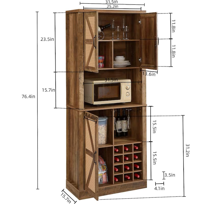 Kitchen Faux Rattan Wine Cabinet, Oak Bar Cabinet with Square Compartments and Shelves, Wooden Storage Cabinet with Barn Doors