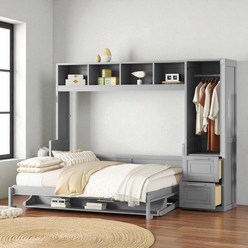 Queen Size Murphy Wall Bed with Closet and Drawers, Space Saving Foldable Bed with Storage Cabinet and Wardrobe - Grey - Queen