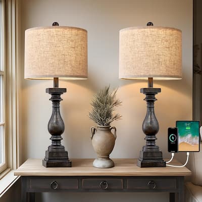 27" Farmhouse Table Lamp Set of 2 with USB A and C