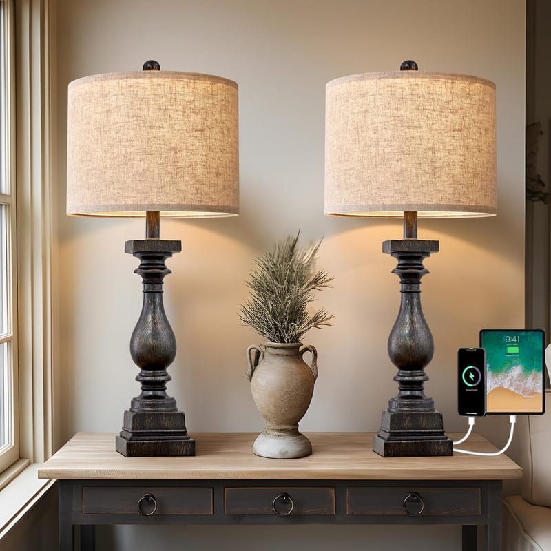 27" Farmhouse Table Lamp Set of 2 with USB A and C