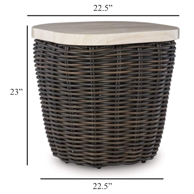 Kimo Outdoor Square End Table, Dark Brown Wicker Details, 23 Inch