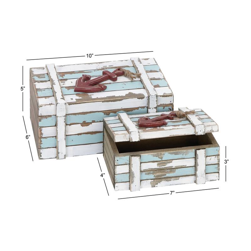 Wood Box with Anchor Detail and Hinged Lid - Set of 2 Teal - Roche River Decor - 6"W x 10"L x 5"H