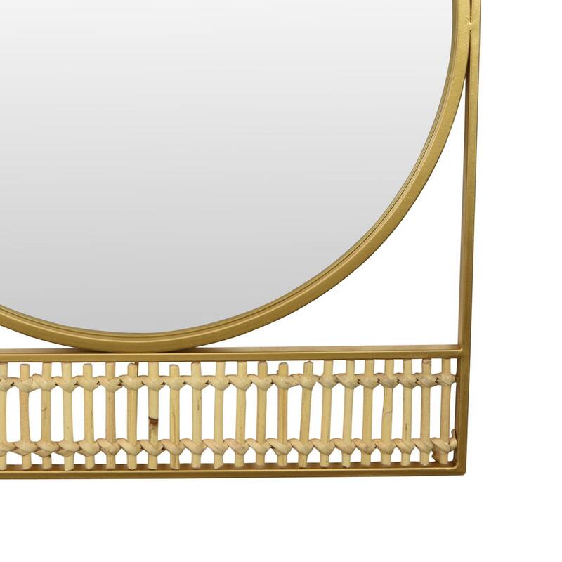 Zine Wall Mirror Decor, Round Glass, Woven Border, 19 x 27 Gold Metal
