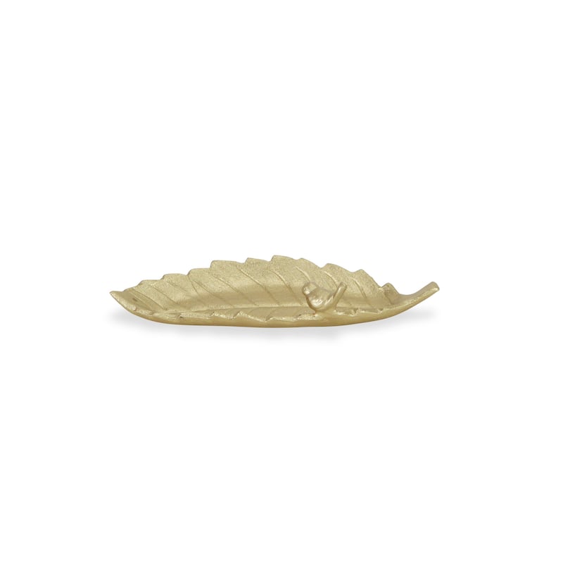 HomeRoots 10" Gold Cast Iron Leaf Vanity Tray - 9.50 in. x 1.50 in. x 4.00 in.