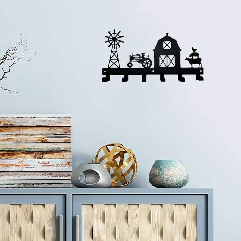 Black Metal Wall-Mounted Towel Hook Rack 6 Hooks Space-Saving Bathroom Storage Organizer - 11.57”L x 6.02”H