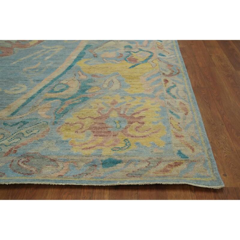 Floral Blue Oushak Vegetable Dye Area Rug, Floral Geometric Carpet - 9' 9'' X 8' 5''
