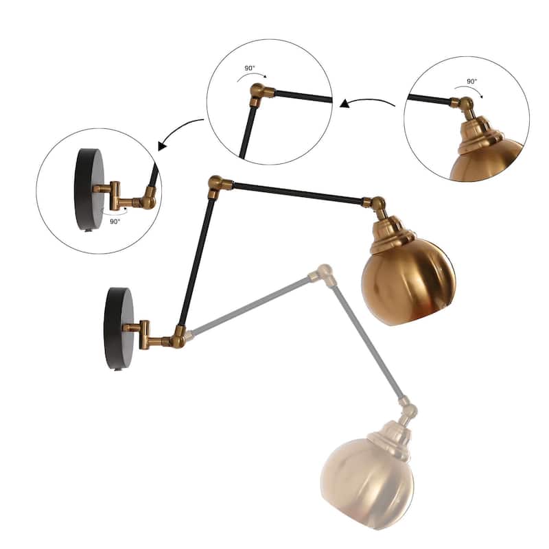 Marden Mid-Century Modern 1-Light Black Gold Swing Arm Lights Plug-in/ Hardwired Wall Sconce - L 5.5"x W 15.5"x H 17.5"
