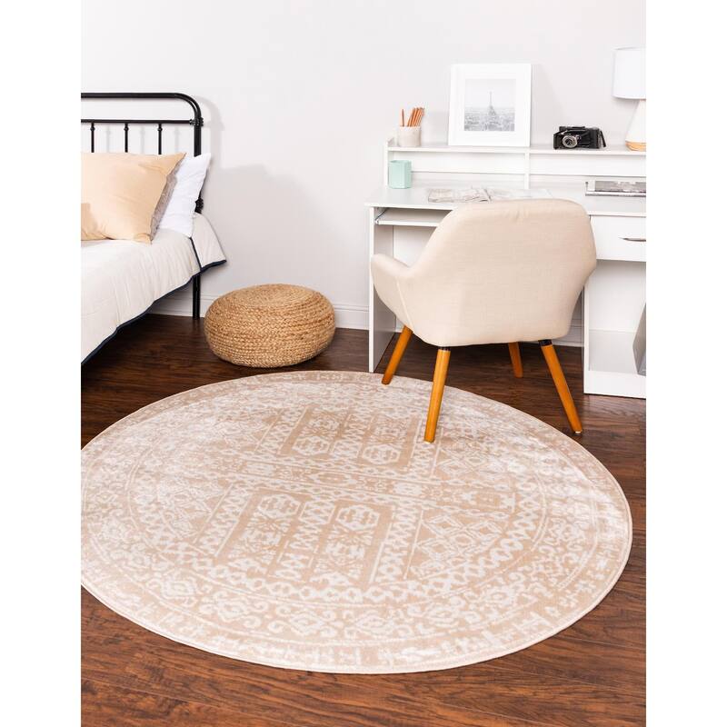 Contemporary Trabzon Collection Area Rug - Beige-Ivory - 7' Round
