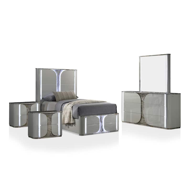 Furniture of America Sherri Modern 5-Piece Light Grey Solid Wood Kids Platform Bedroom Set with LED