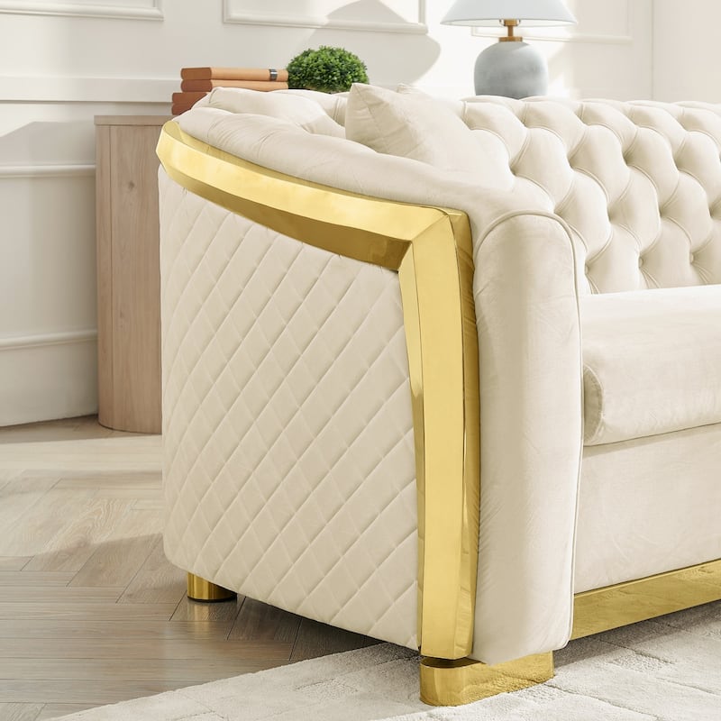 84" 3-Seater Velvet Button Tufted Sofa with Gold Steel Decoration