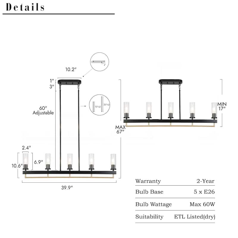 Modern Industrial 3/5-Light Chandelier Black Gold Kitchen Island Light Fixture with Clear Glass for Dining Room