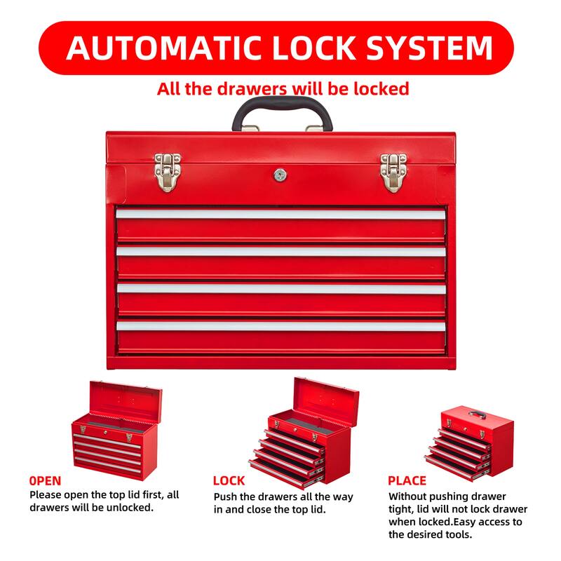 Portable Steel Tool Box with 4 Drawers,Cylinder Lock and Latch Closure