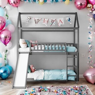 Friendly Design Twin Over Twin Bunk Bed with Slide, House Bed with Slide
