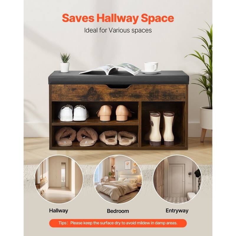 Brown Entryway Shoe Storage Bench with Cushion Seat and Hidden Compartment for Boots and Slippers - 31.7 x 12.0 x 17.5 Inch
