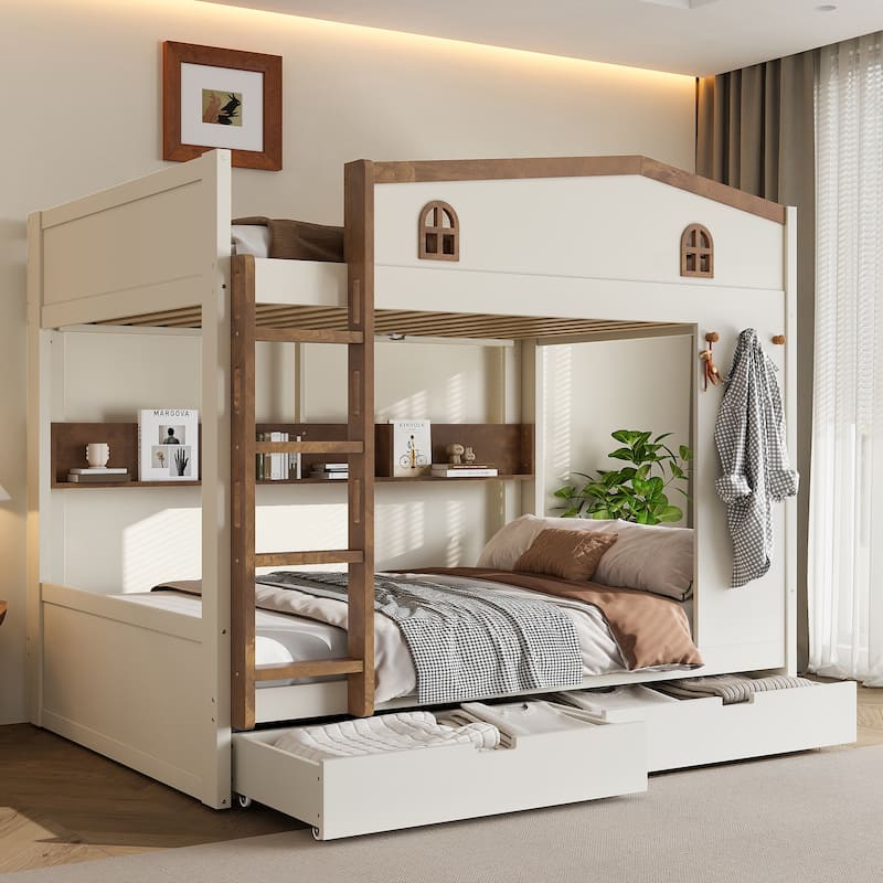 Queen over Queen Bunk Bed with Storage Drawers, Shelves & Hooks